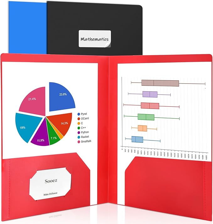 Sooez 3 Pack 2-Pocket Folders With Labels, Heavy Duty Plastic With Business Card Slot, Letter Size Poly File for Documents, Colored School