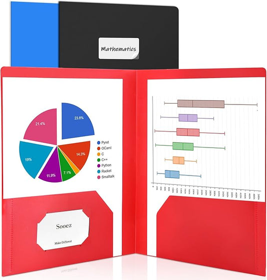 Sooez 3 Pack 2-Pocket Folders With Labels, Heavy Duty Plastic With Business Card Slot, Letter Size Poly File for Documents, Colored School