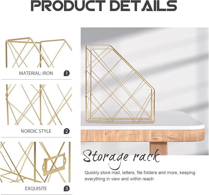 STOBOK Desk Organizer Metal Bookcase Storage Box Rack Books Organizer Storage Practical Shelf Office Supplies for Magazine Desktop File Holder (Gold)