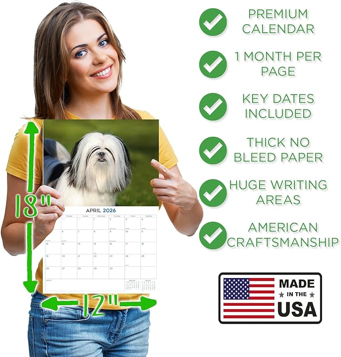 2025 2026 Lhasa Apso Calendar - Dog Breed Monthly Wall Calendar - 12" x 18" Open - Thick No-Bleed Paper - Giftable - Academic Teacher's Planner Calendar Organizing & Planning - Made in USA
