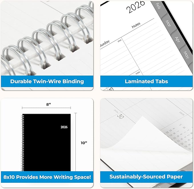 Blue Sky 2026 Weekly and Monthly Planner Calendar, January 2026 - December 2026, 8” x 10.875”, Flexible Cover, Laminated Tabs, Durable Twin Wire Binding, Dainian