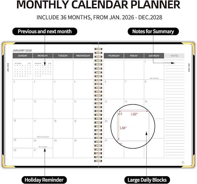 2026-2028 Monthly Planner - 3 Year Monthly Planner 2026-2028, Jan. 2026 - Dec. 2028, 8.5" x 11", 36 Months Calendar Planner with Spiral Bound, Notes Pages, Perfect for School & Office for Women & Men - Black