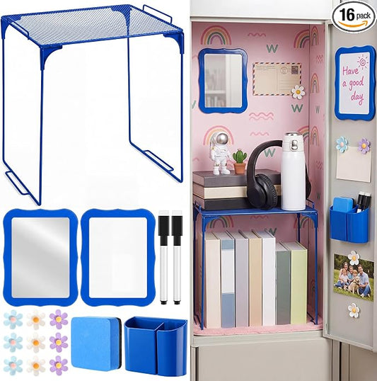 Colarr 16 Pcs Dark Blue Locker Accessories for Girls Includes Magnetic Whiteboard & Mirror Locker Shelf Pen Holder 2 Dry Erase Marker & Eraser 9 Flowers for Back to School Essentials Decoration
