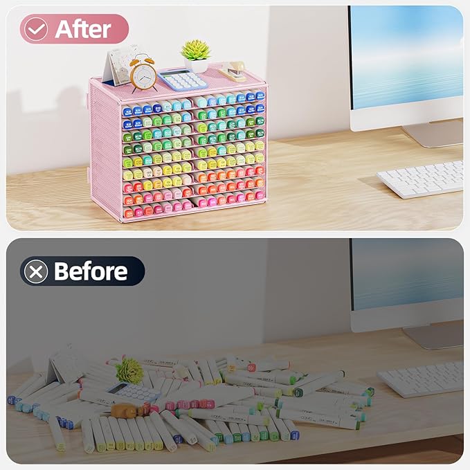 Marbrasse Mesh Marker Organizer, Metal Desktop Storage Rack for 126 Markers, Pens, Pencils, 9 Tier Marker Holder for Office Classroom & Home Art Supplies(Pink)