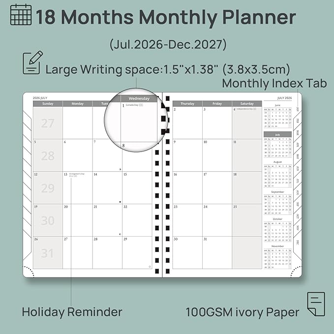 POPRUN 2026-2027 Monthly Planner, 6.5" x 8.5", 18 Month Calendar (July 2026 to December 2027) with Expense Tracker, Notes Pages, Sprial Bound, Leather Softcover - Black