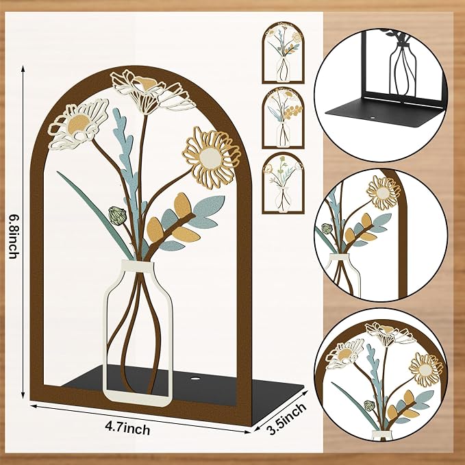 6 Pair Colourful Flower Metal Bookends Decorative Book Ends for Shelves Non-Slip Book Stopper Flower Shelf Holder for Home School Office Heavy Books