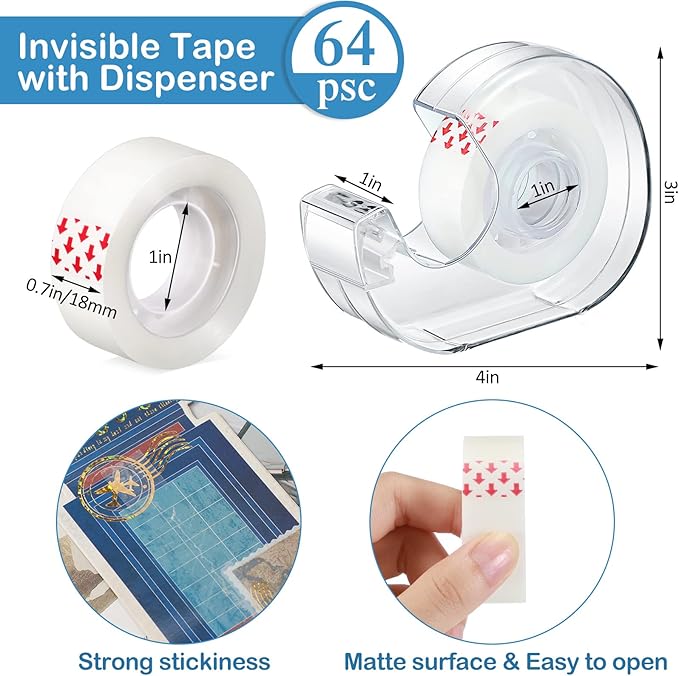 Yahenda 64 Pcs Invisible Tapes Dispensers with 32 Writable Matte Clear Tape Refills, 0.7 x 985 Inches, Refillable Desk Tape Dispenser Bulk for DIY Project, Home, Office, School & College Supplies