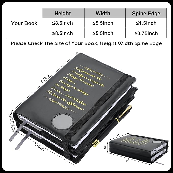 Motipuns Double Alcoholics AA Big Book Cover for 12 Steps & 12 Traditions Double AA Book Cover with Medallion Holder Pen Clip Alcoholics Gifts for Serenity Prayer(Black)