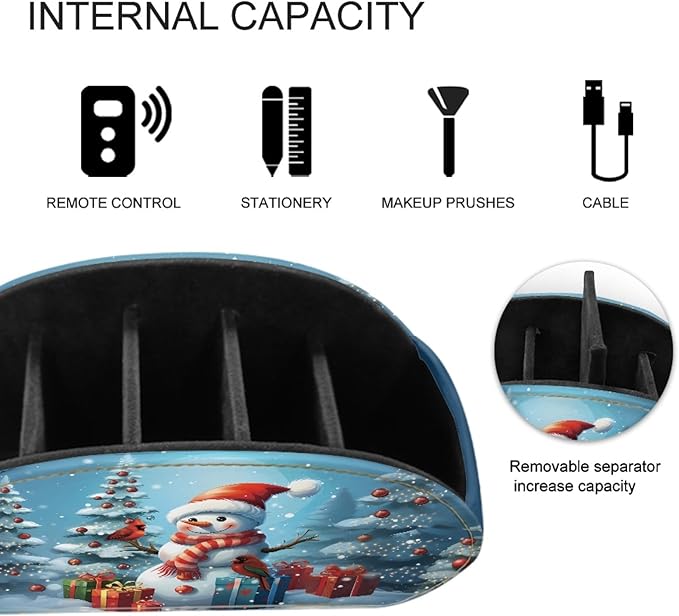 FUSURIRE Cute Snowman Storage Box for Remote Controls, PU Leather Remote Controllers Holder with 5 Compartments, Cosmetic Box Pen Pencil Organizer for Study Living Room Bedrrom Bathroom