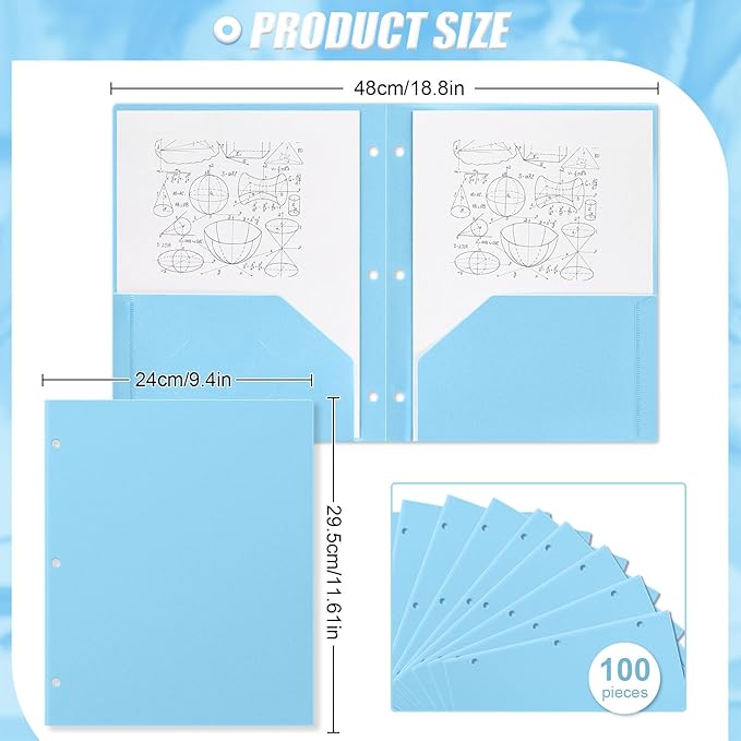 Yeaqee 100 Pcs Plastic Folders with Pockets Bulk 3 Hole Punched 2 Pocket File Folders for 3 Ring Binder Divider Folder for Notebooks, Durable Poly for Office Home (Light Blue)