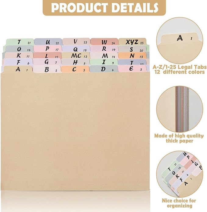 1 Set 25 Alphabet File Dividers A-Z Top Tab File Guides Letter Size 1/5 Cut Tab Manila Alphabetical File Organizer File Cabinet Dividers for Work Office Home School and Desk Organizer(Classic)