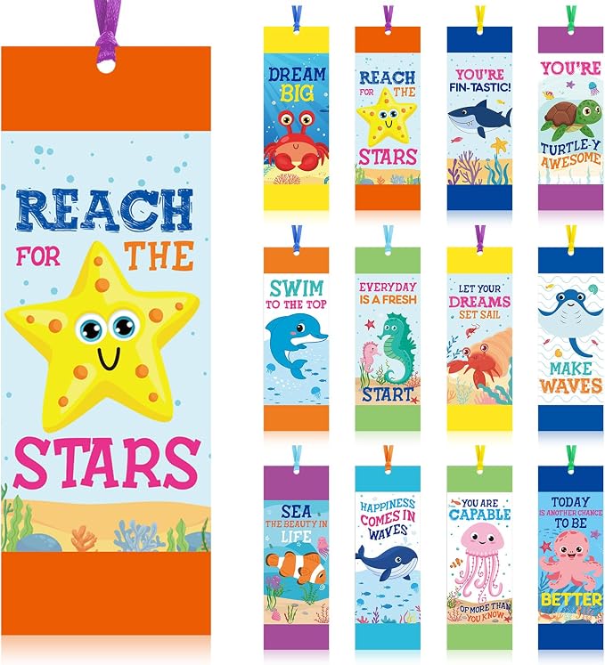 Jetec 80 Pcs Under The Sea Bookmark Inspirational Ocean Animals Fish Turtle Bookmark with Ribbon Motivational Sea Life Page Clips for Summer Classroom Back to School Gifts