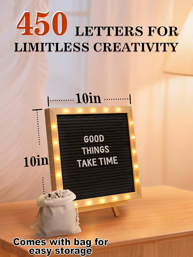 Changeable Felt Letter Board with LED Lights - 10×10" Message Custom Signs & Wood Stand & 450 Letters, Poster Board for Graduation/Baby/Pregnancy Announcement/Classroom Wall Decor Gifts, Black