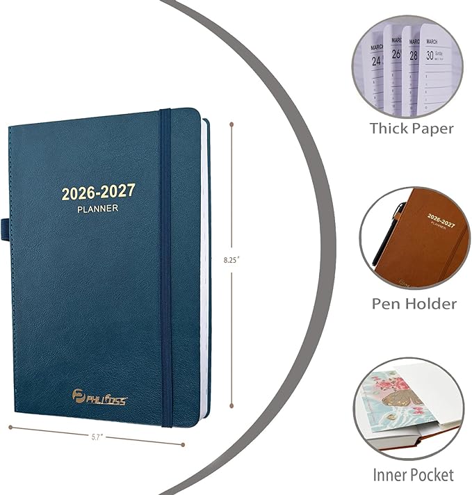 Daily Planner 2026-2027, One Page Per Day, Academic Calendar (July 2026 - June 2027), Appointment Book with Time Slots and Monthly Tabs, 5.7" x 8.25", Pocket, Leather Cove (Blue)