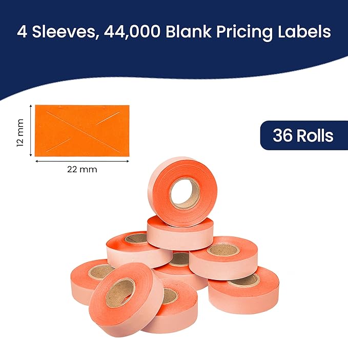 Perco 2212 Fluorescent Red Pricing Labels for Garvey Contact 22-6/22-7/22-8 Price Gun - 36 Rolls, 44,000 Pricemarking Labels - with Bonus Ink Roll