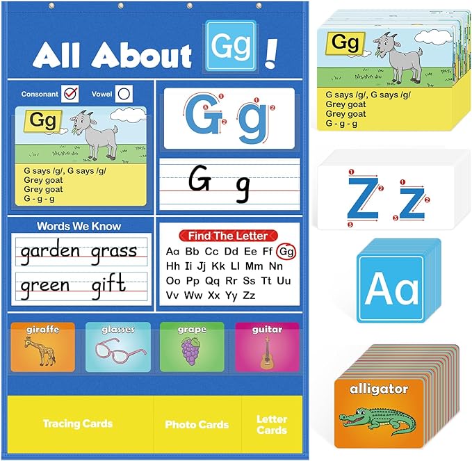 Torlam Alphabet Learning Pocket Chart Alphabet Wall Chart ABC Flash Cards Learning Games, Handwriting Practice Letter Tracing for Kids Homeschool Preschool Kindergarten Learning Activities Must Haves