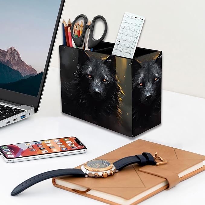 Pen Holder, Pencil Case, Makeup Brush Storage Box, Tableware Storage Box, Suitable for Office Or Home Item Organizing Stand - Black Wolf