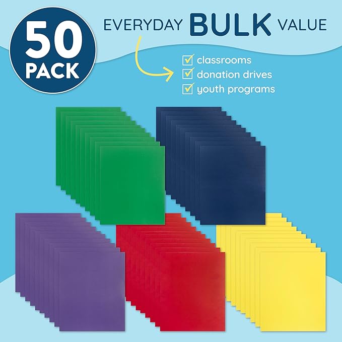 Blue Summit Supplies 50 Paper Two Pocket Folders Bulk, Designed for Office and Classroom Use, Assorted 5 Colors, 50 Pack Colored 2 Pocket Folders Bulk