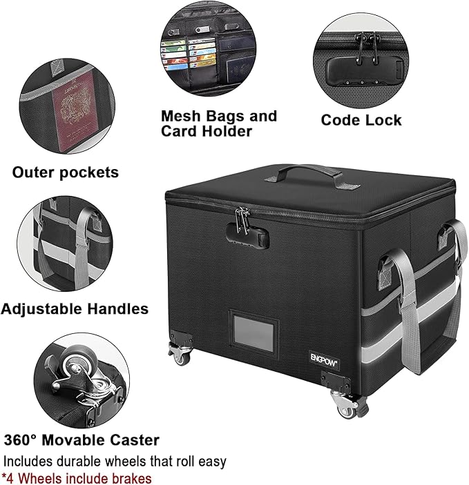 ENGPOW Fireproof Document Box with Wheels, Collapsible File Box with Lock, Rolling File Storage Organizer Filing Cabinet with Pockets, Portable Home Office Safe for Hanging Letter/Legal Folder, 2 Pack