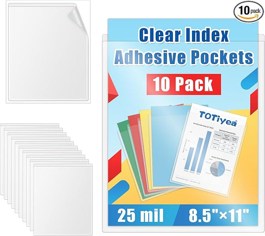 TOTiyea 10-Pack Clear Adhesive Pockets, Letter Size 8.5” x 11” Self-Stick Sheet Protectors for Classroom & Office, Waterproof, Wipe-Clean, Crystal Clear Document Holders (10)