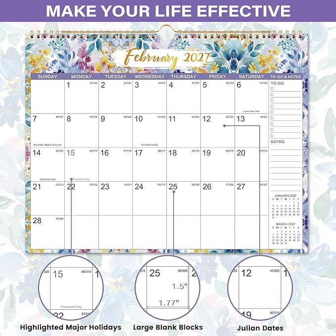 Calendar 2026-2027 - 2026-2027 Wall Calendar, Jul 2026 - Dec 2027, Large Wall Calendar 2026-2027, 15" x 11.5", 18 Months Calendar 26-27 Large with Hook, Notes & To-do List, Perfect for Organizing