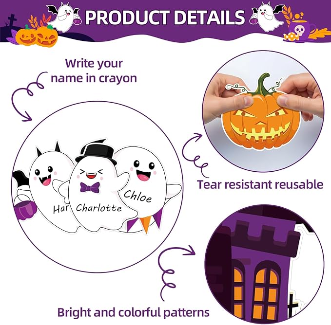 112pcs Halloween Bulletin Board Decoration Set Cute Ghost Name Tag Paper Cutouts Pull the Flag Pumpkin Bat Spider Tombstone Ghost House Cut Outs for Halloween School Home Office Wall Decor