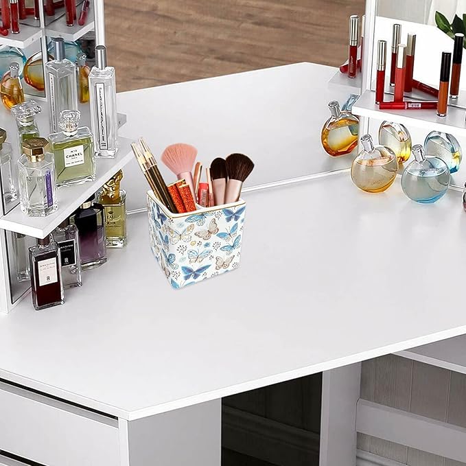 Pen Holder for Desk, Ceramic 2 Compartments Gold Blue Butterfly Pencil Holder Desk Organizer Storage Desktop Accessory Office School Home Pen Cup for Countertop