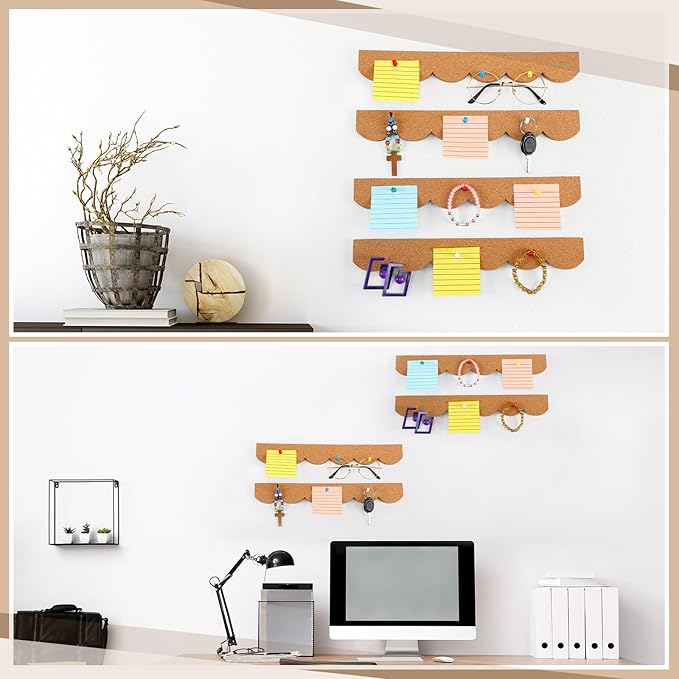 CroBlissful 4 Pcs Cork Strips Bulletin Bar Strip for Wall 14. 5 x 2 Inch Frameless Cork Board Strips with 50 Push Pins, Self Adhesive Backing, for Classroom Office Home Cubicle(Scalloped Style)