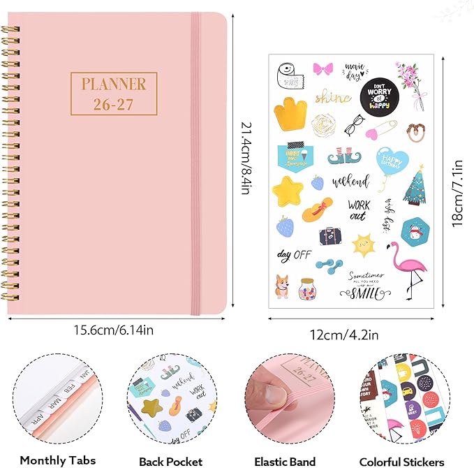 2026-2027 Planner, Weekly and Monthly Planner, July 2026-June 2027, Calendar Planner A5 (6.1" x 8.4") with Tabs, Inner Pocket for Home School Office Supplies, Pink