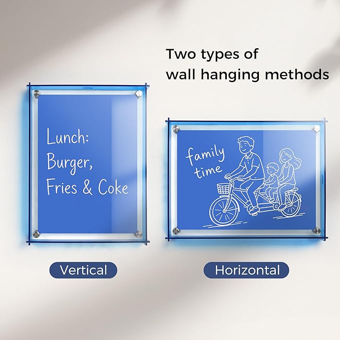 TOWON 9x12 Inch Blue Acrylic Dry Erase Board & Photo Frame, Wall Mount Reminder Whiteboard with Slide-Lock Design for Home Office, Kitchen and Dorm Décor | 4 Dual-Tip Markers and Double-Sided Eraser