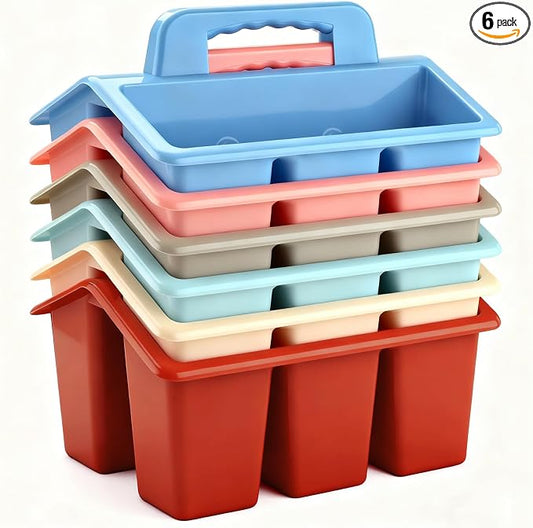 ALINK Classroom Caddy Storage Basket with Handle, 6 Pack Plastic Arts Office Crafts Caddy 4 Compartments for Kids, Pencil, Crayon, Marker, School Supplies - Macaroon