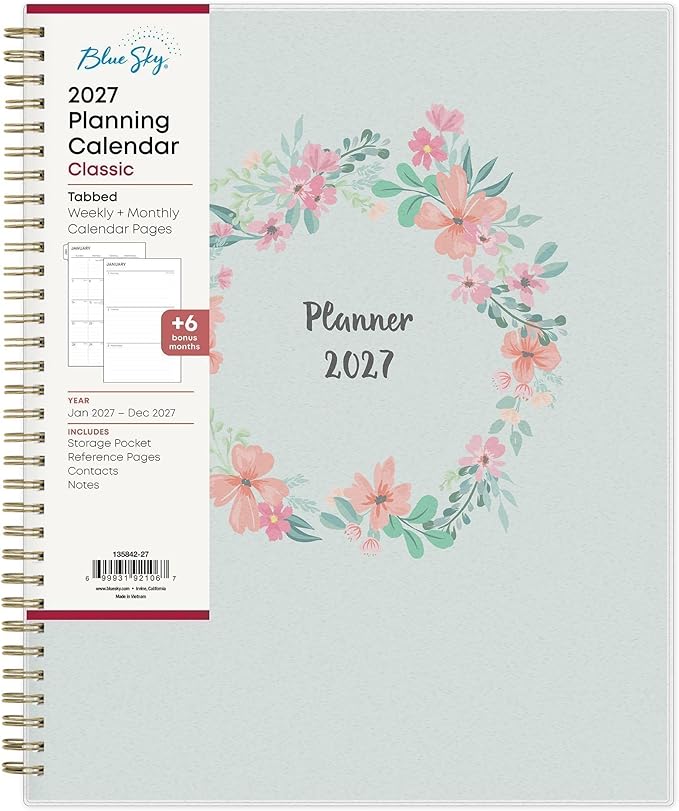 Blue Sky 2027 Weekly and Monthly Planner Calendar, January 2027 - December 2027, 8.5" x 11", Flexible Cover, Laminated Tabs, Durable Twin Wire Binding, Storage Pocket, Laurel