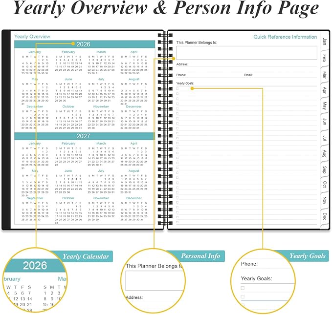 2026-2027 Monthly Planner - 18 Monthly Calendar, January 2026 - June 2027, Two Pages Per Month, 9" x11" Planner with Tabs, Strong Twin-Wire Binding, Inner Pocket, Black
