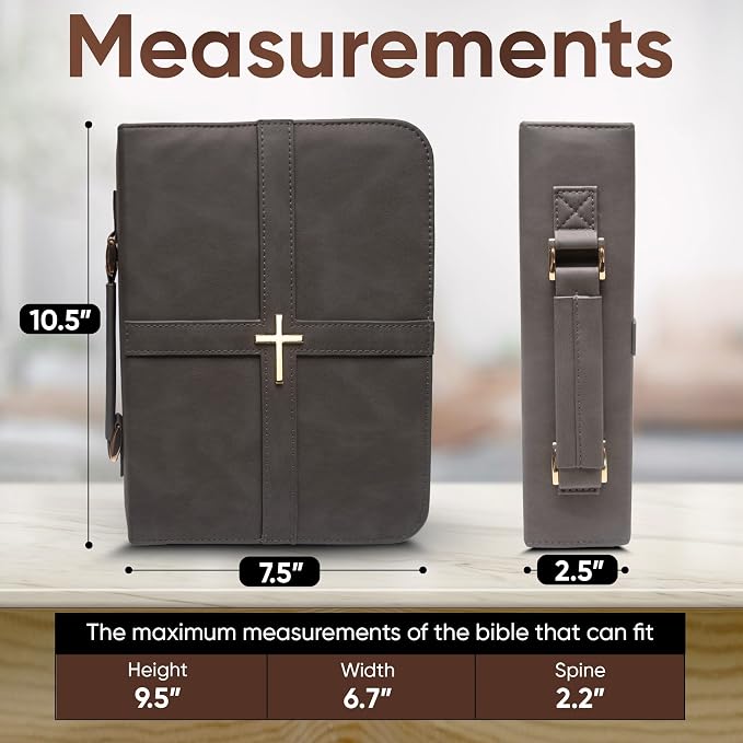 Bible Cover (U.S. Patent Pending), Discreet & Elegant Bible Case, Gray PU Leather Bible Cover, Cross Design Bible Bags, Strong and Sturdy Book Case, Includes Premium Bookmark