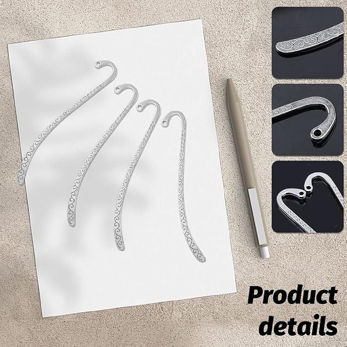 20 Pack Metal Bookmark Hairpin Hook, Antique Vintage Carved Embossed Bookmarks with Loop, DIY Jewelry Making Charms for Beading & Tassels, Silver