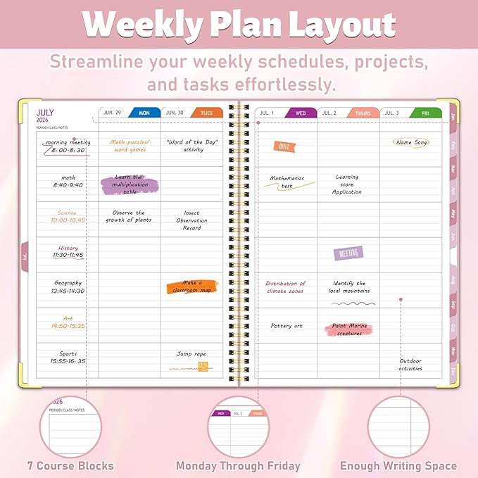 Teacher Planner 2026-2027, Jul 2026-Jun 2027 Academic Year, 8.5" x 11" Lesson Planner Book for Teachers Calendar, Spiral Bound Planners, Colorful Monthly Tabs, Hardcover, Corner Protectors - Pink