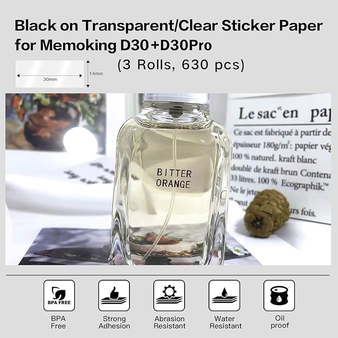 Label Maker Tape - D30 Transparent Clear Label, Waterproof Thermal Printer Tape, 14x30mm/0.55x1.18inch for Name Price Classification, Compatible with Memoking/Phomemo D30, 3 Rolls