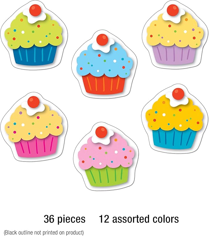 Carson Dellosa 36-Piece Cupcake Decorations, Colorful Cardstock Dessert Cutouts for Party, Name Tags, Happy Birthday Bulletin Board, and Classroom Decor