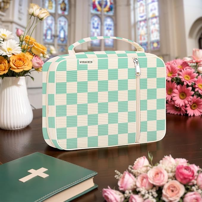 WOBAGMEN Bible Cover Case for Women,Cordoury Bible Cover with Handle,Green Checkered Bible Book Cover,Carrying Case Bible Protective Christian Gift(Green Plaid, M)