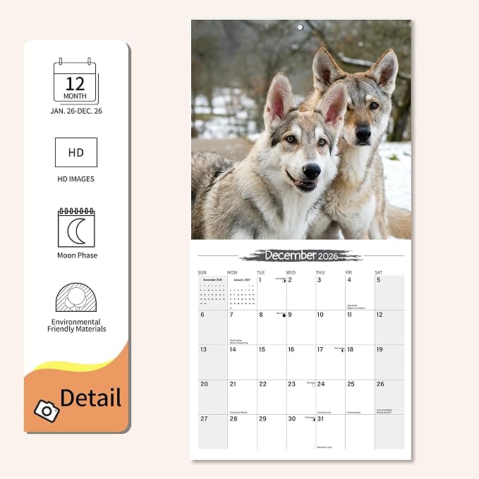 2026 Wall Calendar, Wolfdog Hangable Monthly Planner Calendar For Dogs Lovers