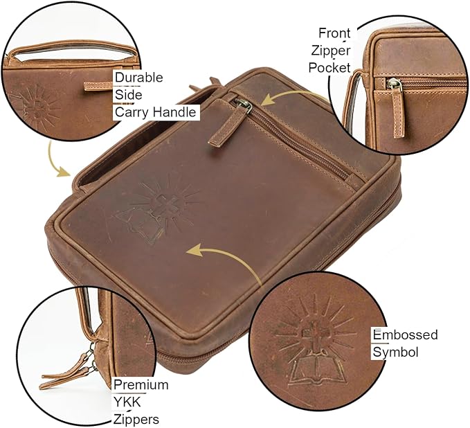 Sovereign-Gear Small Leather Bible Cover - Handmade Buffalo Leather, Cross Embossed, Handle, Zipper, Storage Pockets, Bookmark & AirTag Compatible Holder - Durable Cover for Men & Women
