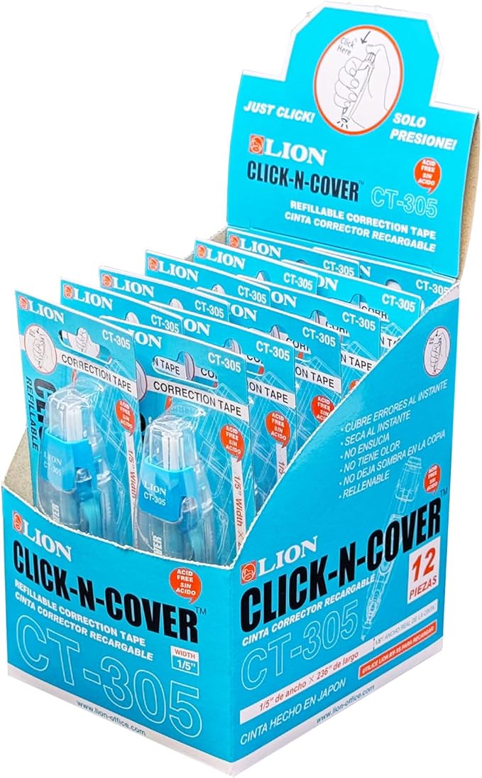 LION CLICK-N-COVER Refillable Correction Tape, Retractable Tip, 1/5" wide and 236" long, Acid-Free, Economy Box, Box of 12 (CT-305-12B)