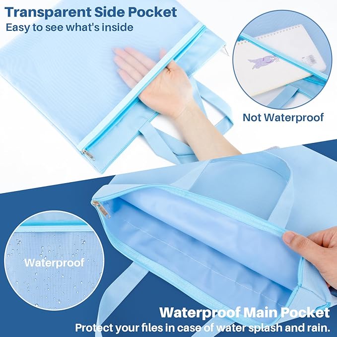 Mesh Zipper Pouch with Handle - 11 x 13.7 Inch Reusable Double Pocket Zipper Pouch, Foldable Nylon File Bag, Large Capacity Lightweight Document Storage for Puzzles Books Office Travel Shopping, Blue