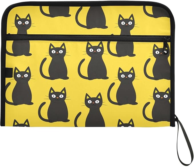 Black Cats Yellow File Folders,Plastic Folders with 13 Pockets,Expandable File Folder for Documents School Students Office,Aesthetic Folder with Labels A4 Letter Size