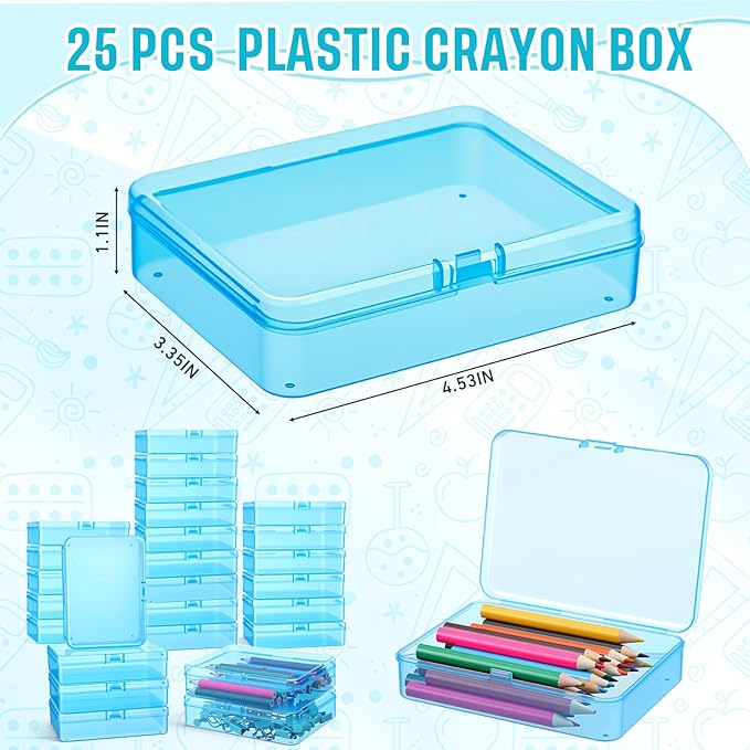 Dunzoom 25 Pcs Plastic Crayon Boxes with Lids, 4.53 x 3.35 x 1.1 Inches Stackable Small Storage Organizer Containers Crayon Pencil Case for Art Crafts Jewelry Beads Office Supplies(Blue)