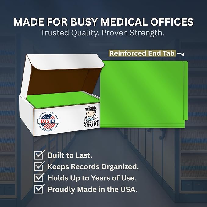 Green File Folders, Doctor Stuff, Letter Size Reinforced End Tab Folder with 2" Bonded Fastener on Inside Front and Back, 14 pt Stock, Carton of 250