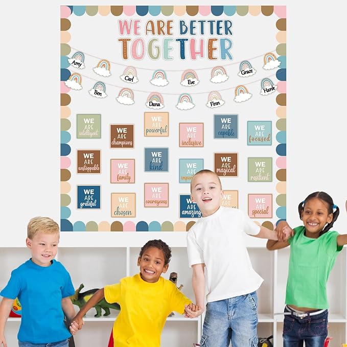 QOUBAI Boho Affirmation Station Bulletin Board Set Motivational Together We are Better Bulletin Board Inspirational Positive Sayings Cutouts Classroom Decor for Back to School Decor Wall Door