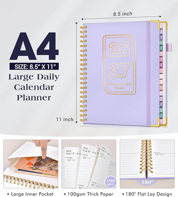 Academic Planner 2026-2027, 18 Months Weekly and Monthly Hardcover Planner, July 2026 - December 2027, 8.5" x 11" A4 Large Daily Calendar Planner Book with Tabs, Spiral College School Agenda Organizer for Student Teacher, Purple