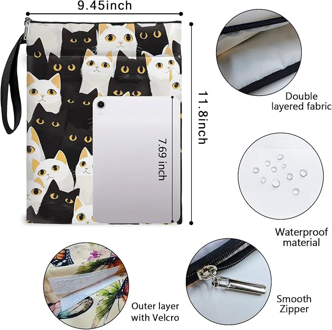 I'm Fine Everything is Fine Book Cover, Waterproof Book Sleeve with Zippered Front Pocket Cat Book Pouch for Book Lovers, Christmas, Birthday, Graduation Gifts (Black-cat, Large)