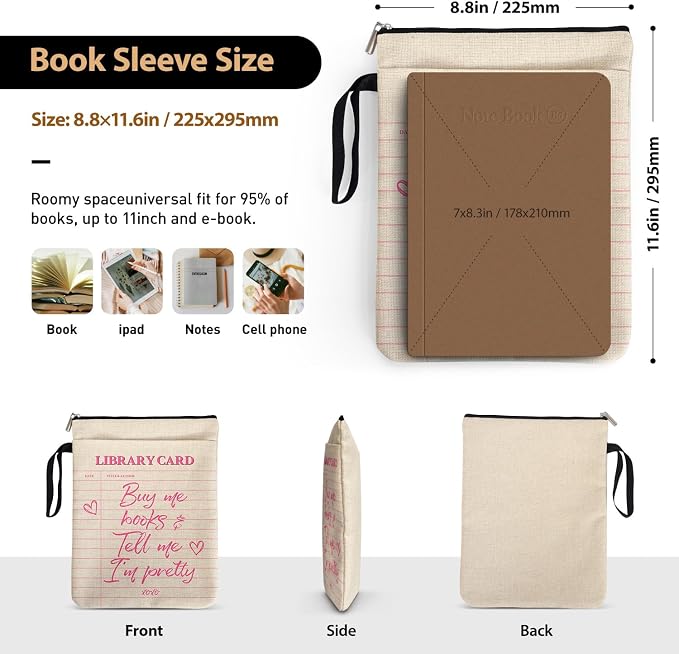 Vintage Library Card Pattern Book Sleeve for Librarian Book Lovers Friends Women with Zipper & Handle, Book Cover Gifts for Book Club Bookworm Birthday Reading Day - Buy Me Books Tell Me I'm Pretty